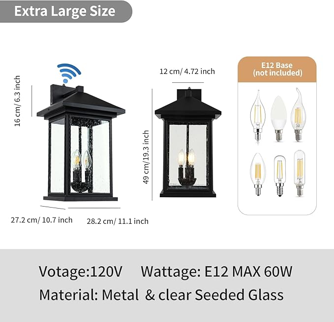 Extra-Large Outdoor Wall Sconce, Wall Lantern, Wall Light with Tempered Clear Seeded Glass, Matte Black Finish for Outdoor-VerdiqueGarden