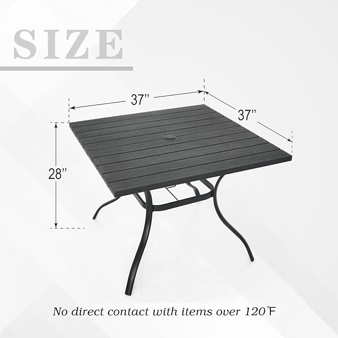Outdoor Dining Table with 1.6" Umbrella Hole, Picnic Table Plastic Square Backyard Bistro Table Outdoor Dining Table for Garden, Poolside, Backyard, Black, 37x37inch-VerdiqueGarden