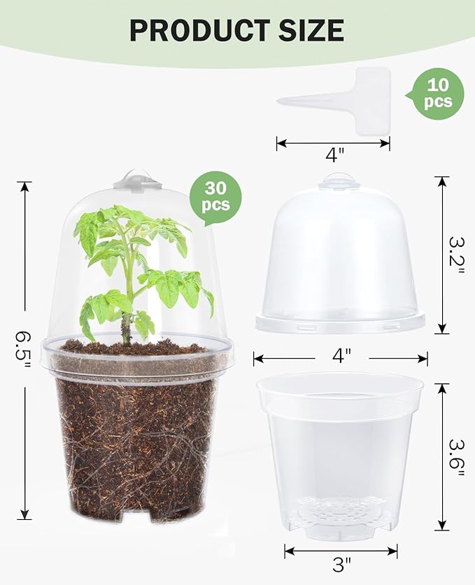 homenote Clear Nursery Pots for Plants,4 Inch Plant Pot for Planting with Humidity Domes Plastic Seedling with Drainage Holes Seed Starter Flower High Transparency (30 Pack)-VerdiqueGarden