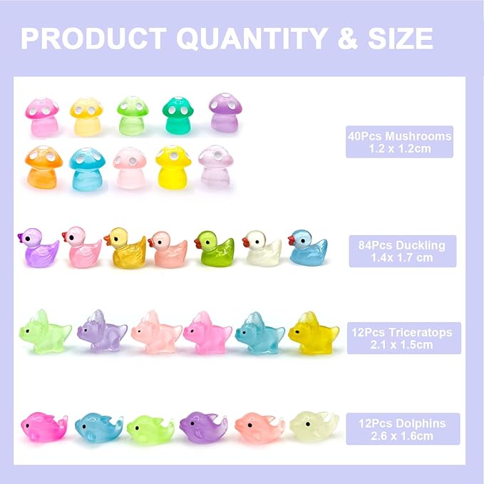 148Pcs Luminous Mini Resin Animals, Tiny Ducks Glow in The Dark Dolphins Dinosaurs Mushrooms 4 Combination Resin Set, Miniature Figures for Garden Decoration Aquarium Home Party Decor-VerdiqueGarden