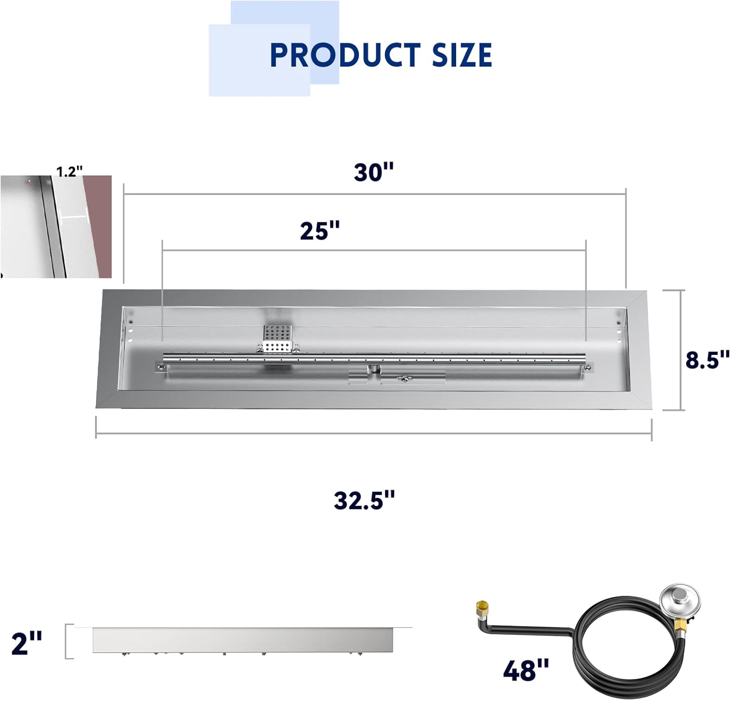 Skyflame 30" Linear Stainless Steel Fire Pit Drop-in Burner Kit with Flame Sensing, Electronic Spark Ignition, CSA Certified, and Propane Regulator Hose Set-VerdiqueGarden