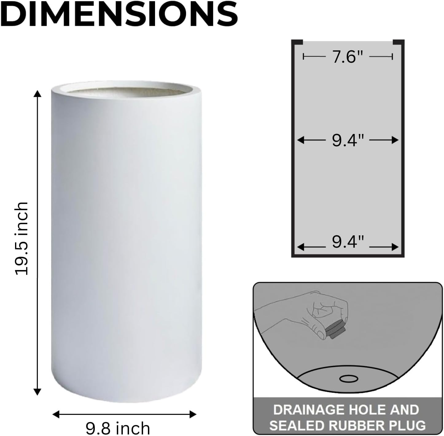 19.5"H x 9.8"D Tubo Fiberstone Cylinder Tall Planter with Drainage Hole, Smooth Finishes, Weather Resistant for Indoor and Outdoor Use, Included 2 Extra Coco Mats (White, 8.2" Pot Opening)-VerdiqueGarden