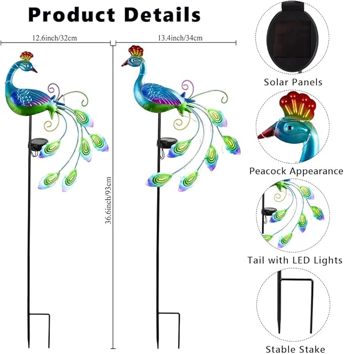 DREAMSOUL 2 Pack Peacock Solar Lights Outdoor Waterproof, Metal Outdoor Solar Lights for Yard Garden Peacock Decor-VerdiqueGarden