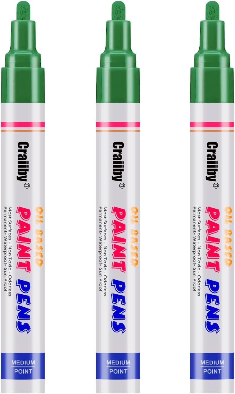 Green Paint Markers, 3 Pack Oil-Based Waterproof Quick Dry Permanent Paint Pen Set for Rocks Painting, Wood, Fabric, Plastic, Canvas, Glass, Mugs, Metal, Tire, Stone, DIY Craft-VerdiqueGarden