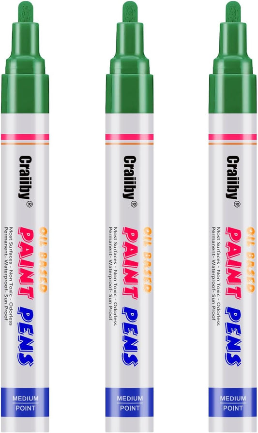 Green Paint Markers, 3 Pack Oil-Based Waterproof Quick Dry Permanent Paint Pen Set for Rocks Painting, Wood, Fabric, Plastic, Canvas, Glass, Mugs, Metal, Tire, Stone, DIY Craft-VerdiqueGarden