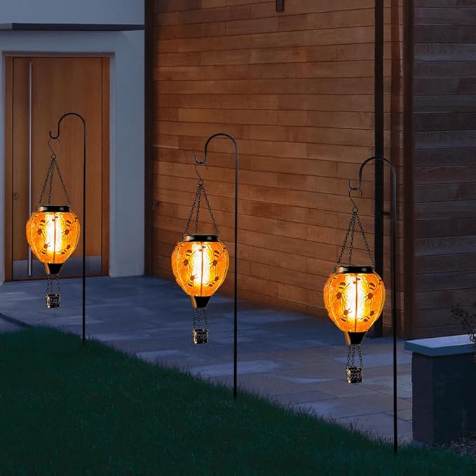 Starsoul Hot Air Balloon Solar Lantern Bee Glass Hanging Outdoor Hot Air Balloon Solar Flickering Flame Light Waterproof Garden Patio Yard Party Decorations-VerdiqueGarden