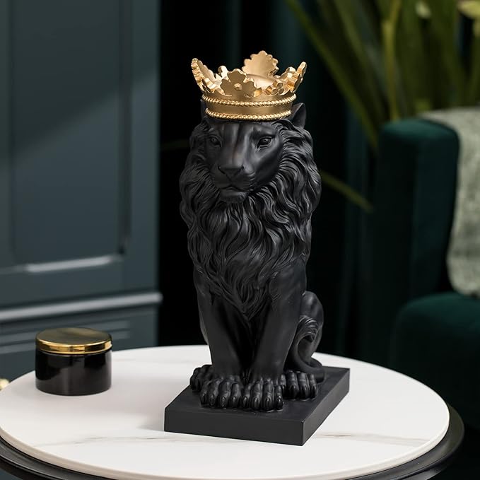 LCdecohome Lion Statue - Outdoor Collectible Figurine, 15 Inch Gold Crown Black Standing Lion Home Decor for Desk & Home Black Decor Gift-VerdiqueGarden