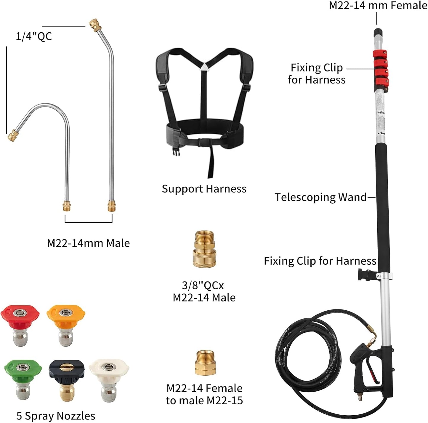 Tecoloy 24 FT Telescoping Pressure Washer Wand with Power Washer Extension Wand, Support Belt, Gutter Cleaner Attachment, 5 Spray Nozzle Tips and 2 Hose Inlet Adapters-VerdiqueGarden