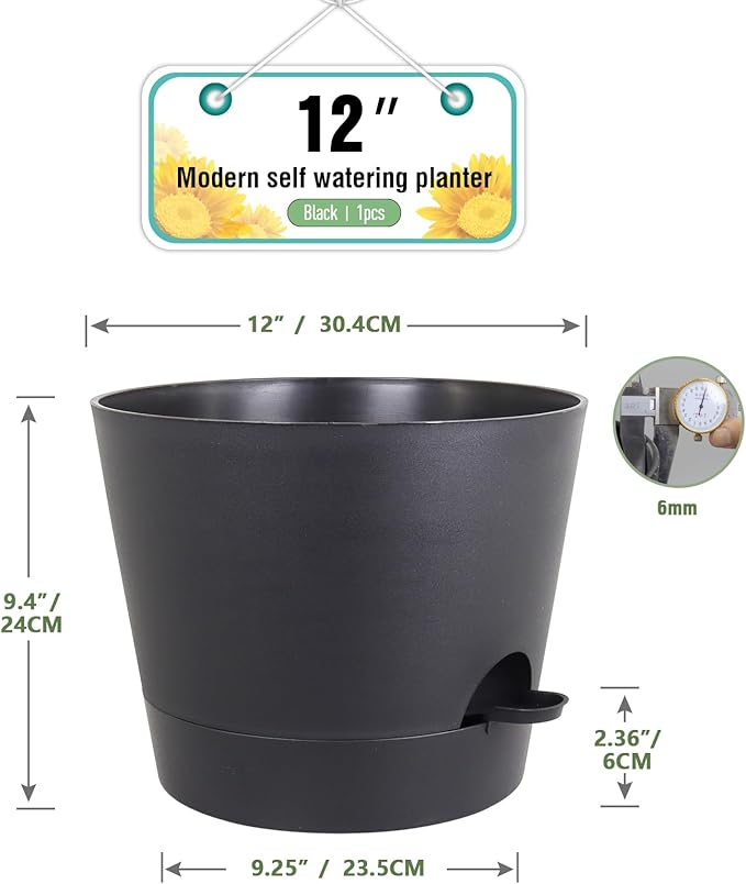 12 inch Large Self Watering Pots for Indoor Outdoor Plants, Flower Plant Pots with Mesh Drainage Holes for Garden House Plants, Plastic Planters with Reservoir for Home Decor, Black-VerdiqueGarden