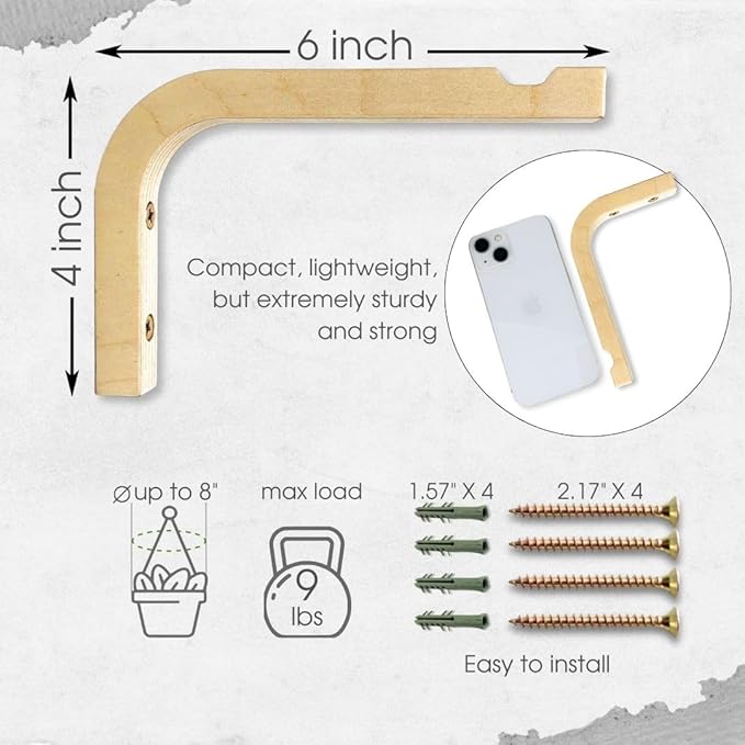 2-Piece Set of Plant Hooks for Wall 6 inch - Mounted Wooden Plant Hook - Indoor and Outdoor Bracket Plant Hanger for Planters, Lanterns, Bird Feeders, Patio Decorations (Natural)-VerdiqueGarden