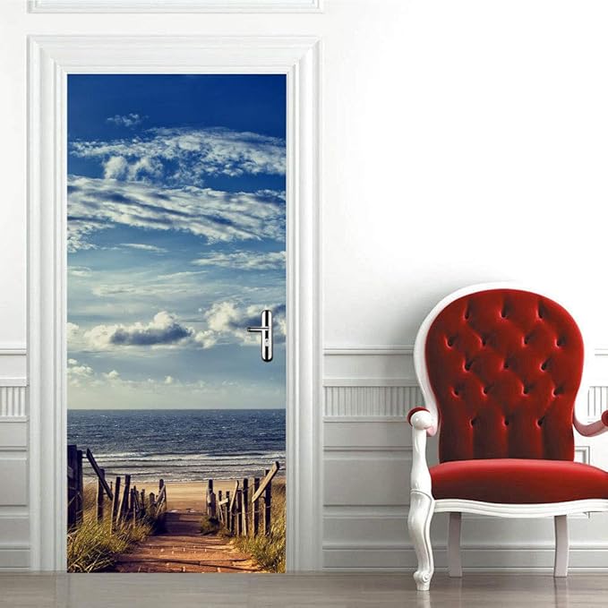 3D Door Stickers Murals Peel and Stick - Beach Road Wallpaper Self-Adhesive Decals - Removable PVC Waterproof Poster for Bedroom Living Room Decoration 33.9" x 78.7"-VerdiqueGarden