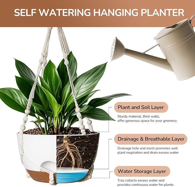 12 Inch Hanging Baskets for Plants Outdoor, Hanging Planters for Indoor Outdoor Plants, Hanging Planter with Self Watering, Hanging Flower Pots (White Planter with Macrame + Iron Hangers)-VerdiqueGarden
