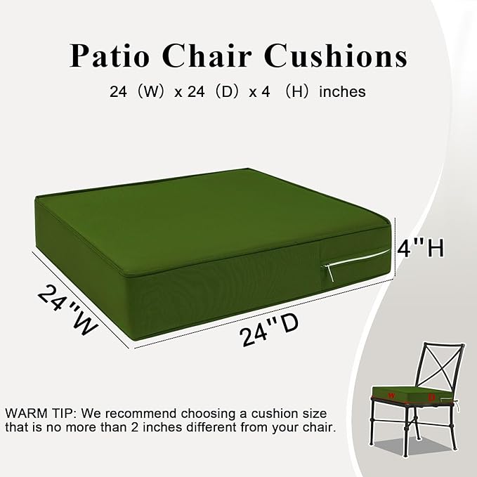 Outdoor Chair Cushions Set of 2 for Patio Furniture 24x24x4 Inch Waterproof Patio Chair Cushion 3 Year Color Fastness Square Elastic Foam Garden Couch Pads with Ties and Handle,Green-VerdiqueGarden