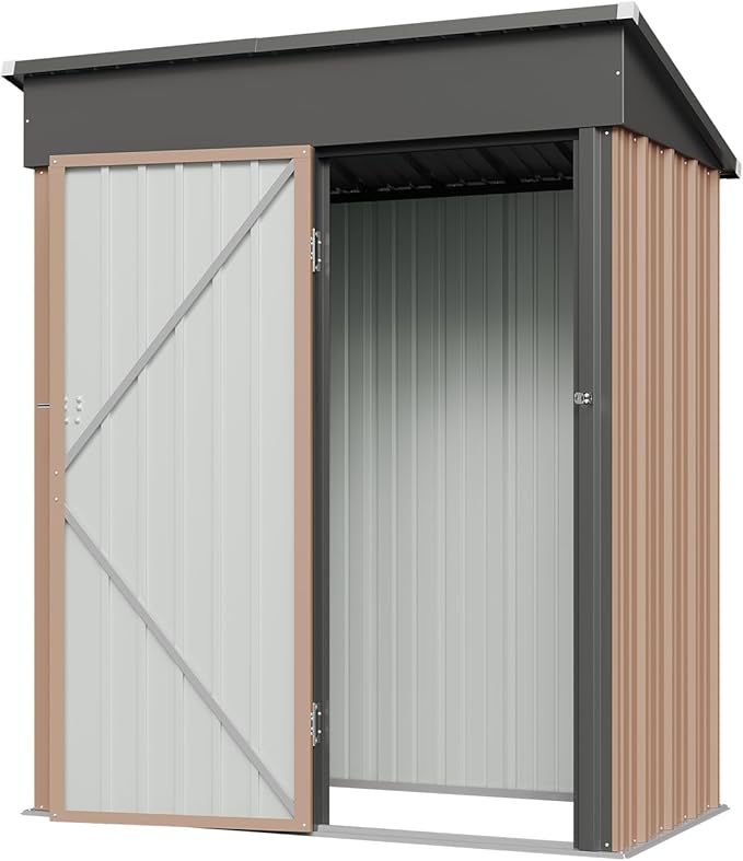 Aoxun 5x3 FT Shed Outdoor Waterproof Storage Shed Metal Garden Shed with Lockable Doors & Slooping Roof for Backyard, Patio, Poolside (Brown)-VerdiqueGarden