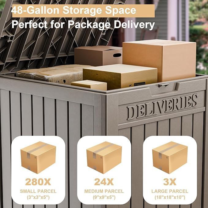 DRATO 48 Gallon Package Delivery Box, Large Lockable Storage Box, Double-Wall Resin Outdoor Package Delivery and Waterproof Deck Box for Porch, Patios-VerdiqueGarden