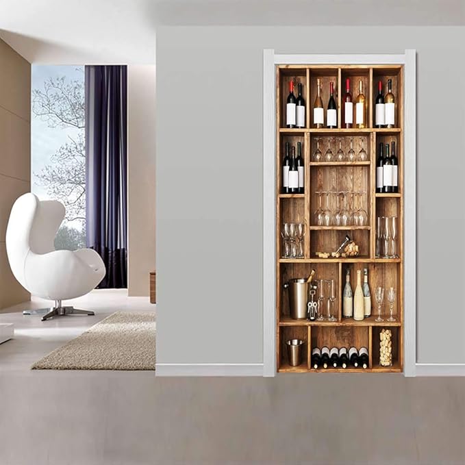 3D Door Wallpaper Self-Adhesive Door Sticker - Wine Cabinet - Door Film Poster Premium PVC Waterproof Wall Sticker for Bedroom Living Room Door Decoration Wallpaper 80 x 200 cm-VerdiqueGarden