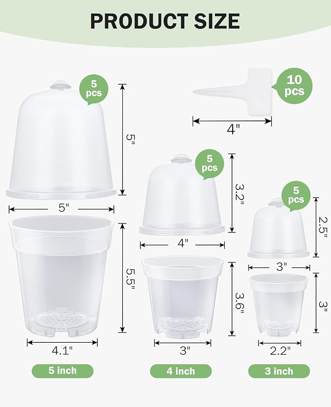 homenote Clear Nursery Pots for Plants,3/4/5 Inch Plant Pot for Planting with Humidity Domes Plastic Seedling with Drainage Holes Seed Starter Flower High Transparency (15 Pack)-VerdiqueGarden