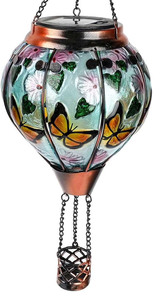 Hot Air Balloon Solar Lantern with Flickering Flame, Glass Hanging Garden Lights Outdoor Waterproof for Tree Yard Patio Mother's Day Gift, 18" H Butterfly-VerdiqueGarden