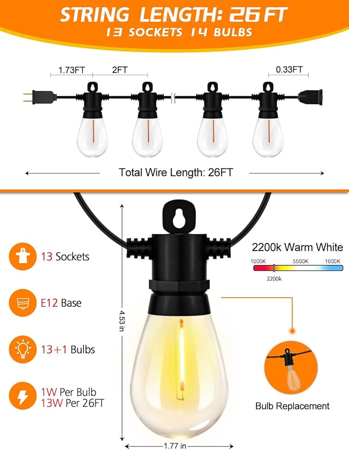 Achin 26FT LED Outdoor String Lights, Patio Lights Waterproof with 13+1 S14 Edison Shatterproof Bulbs, 2200K Dimmable Outside Hanging Lights, String Lights for Outside Backyard Bistro Market Pergola-VerdiqueGarden