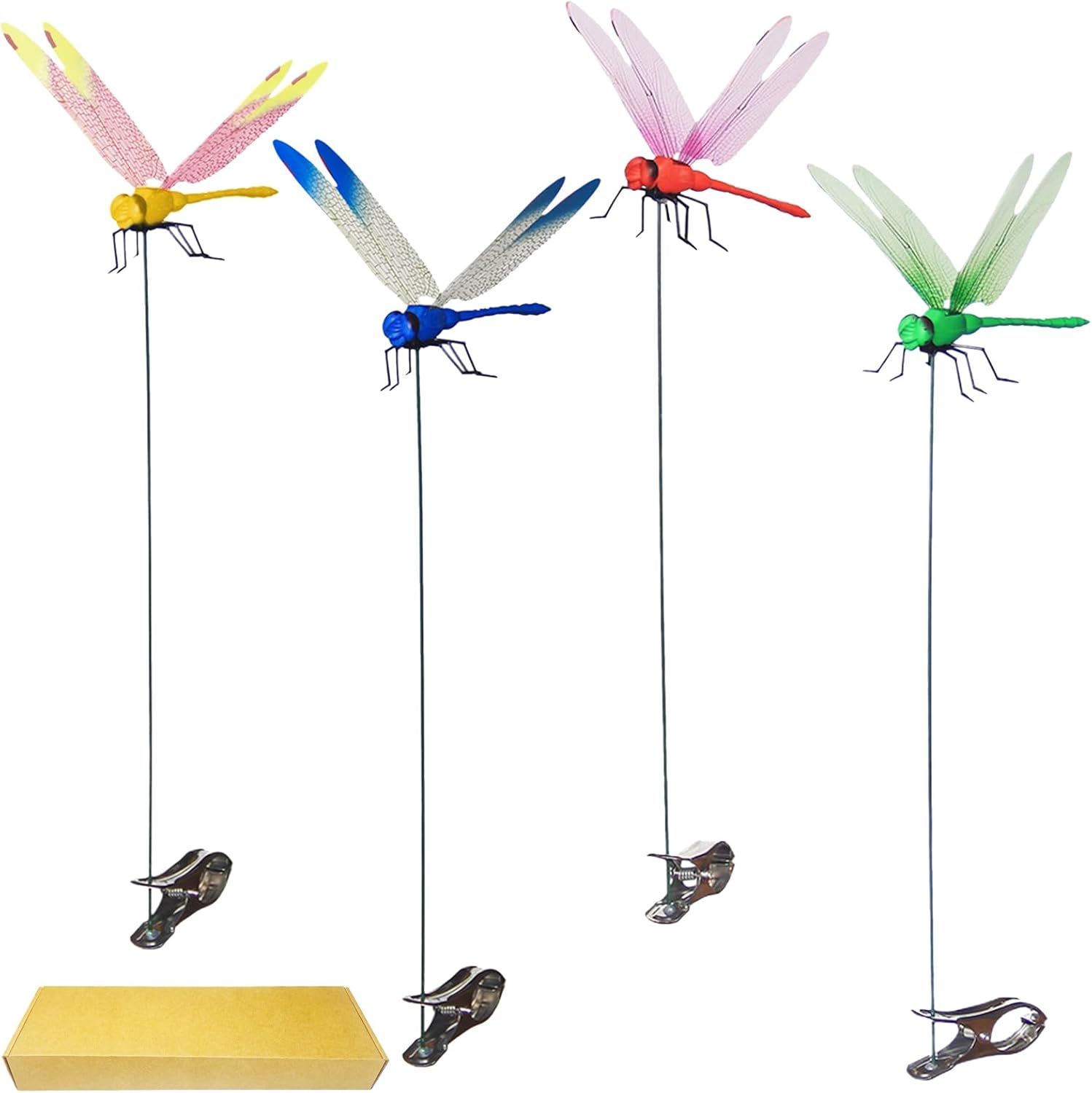 Jongdari 4pcs Dragonfly Hat Clip Realistic Fake Dragonflies Clip-On Garden Outdoor Decor Stakes Plastic Dragon Fly Clips Plant Decorations for Pot-VerdiqueGarden