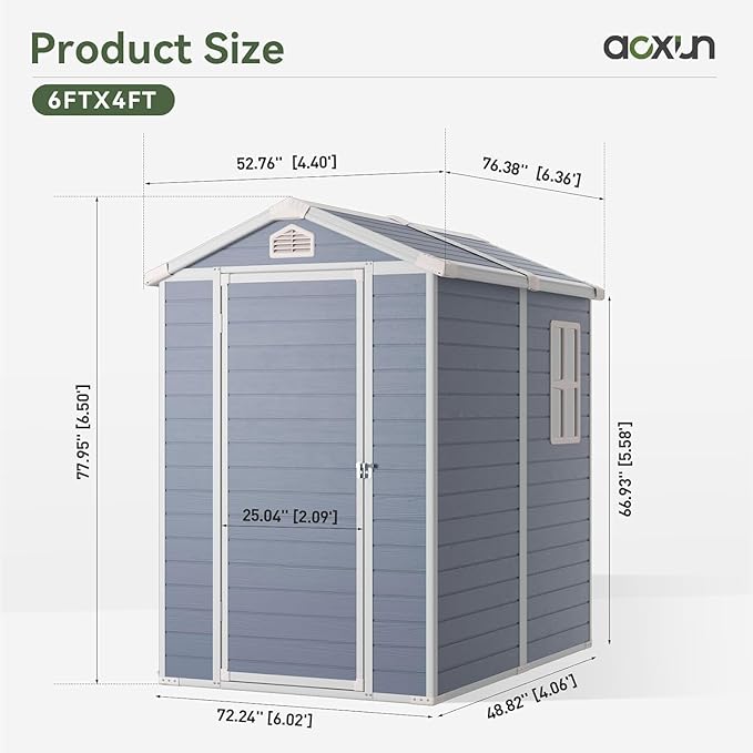 Aoxun 4'x6' Resin Outdoor Storage Shed Utility Tool Shed Storage House, Multi-Purpose Utility Tool House Applicable for Bike, Clutter Storage for Backyard, Patio - Gray-VerdiqueGarden