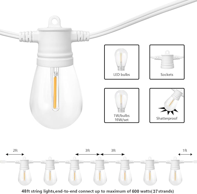 SUNTHIN White String Lights, 48ft White Outdoor Lights with 16 1W Shatterproof LED Bulbs for Patio, Garden, Backyard, Porch, Cafe, Deck, Wedding, Party-VerdiqueGarden