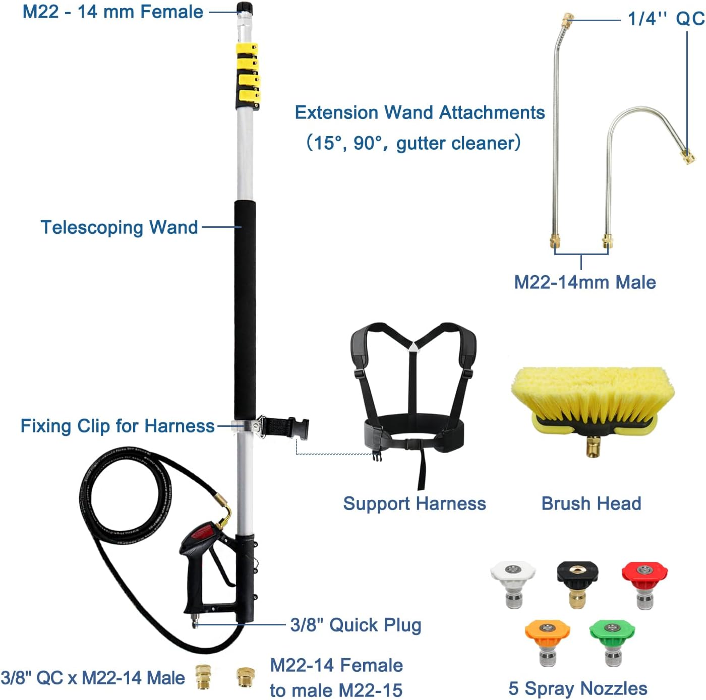 janz Aluminum 24 FT Telescoping Pressure Washer Wand with Pressure Washer Extension Wand,Gutter Cleaner Attachment, 5 Spray Nozzle Tips, 2 Hose Inlet Adapters and Support Harness-VerdiqueGarden