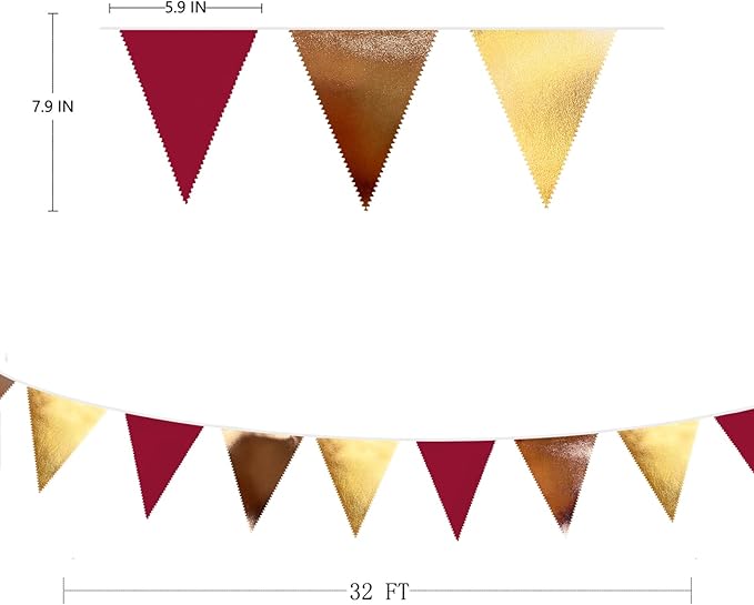 Fall Party Decorations Maroon Gold Brown Metallic Fabric Triangle Pennant Banner Burgundy Flag Bunting Garland for Autumn Thanksgiving Wedding Birthday Bridal Shower Engagement Graduation Garnet Party-VerdiqueGarden