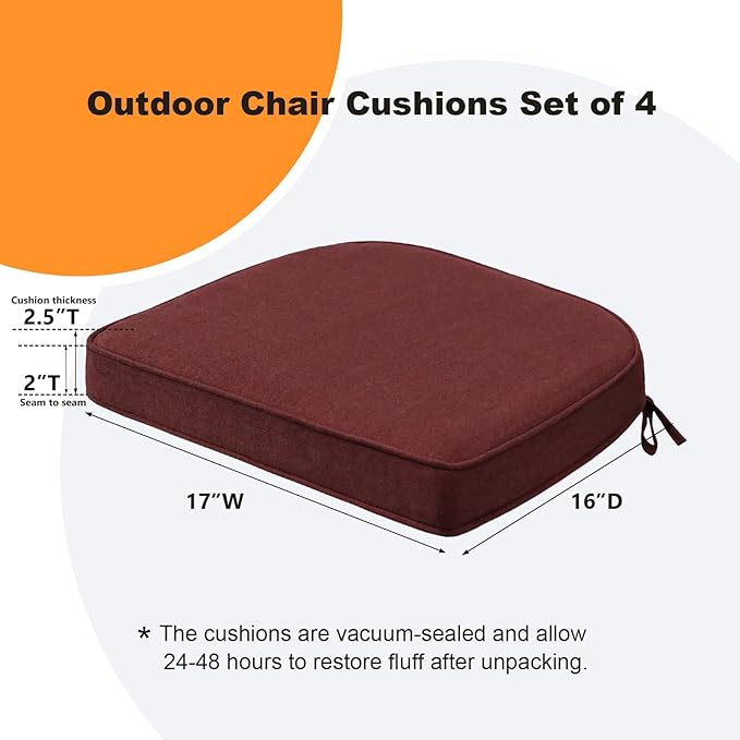 Sunbrella Round Corner Seat Cushions, 17" x 16" x 2", Set of 4, Indoor Outdoor Water Repellent Universal Chair Pads with Ties for Patio Furniture, Garden Dining Chairs, Spectrum Brick-VerdiqueGarden