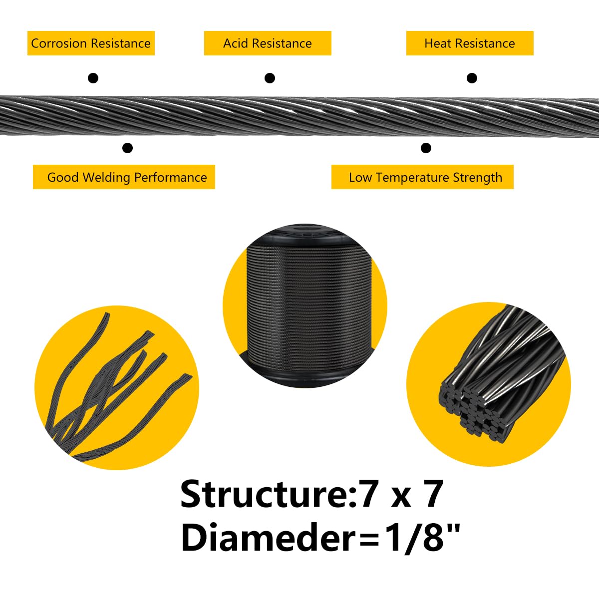 Black 325FT 1/8" T316 Stainless Steel Cable with Cutter, 7x7 Strands Aircraft Wire Rope for Deck Railing, Stair Handrail, Porch Fence, High Strength for Indoor and Outdoor Use-VerdiqueGarden