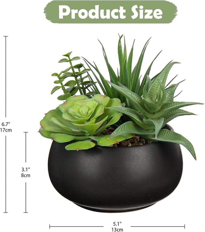 Fake Plants Artificial Succulents in Pots Faux Succulent Arrangement Potted Plant with Black Ceramic Pot for Home Decor Modern Office Desk Bathroom Shelf Living Room Indoor & Outdoor Decoration-VerdiqueGarden