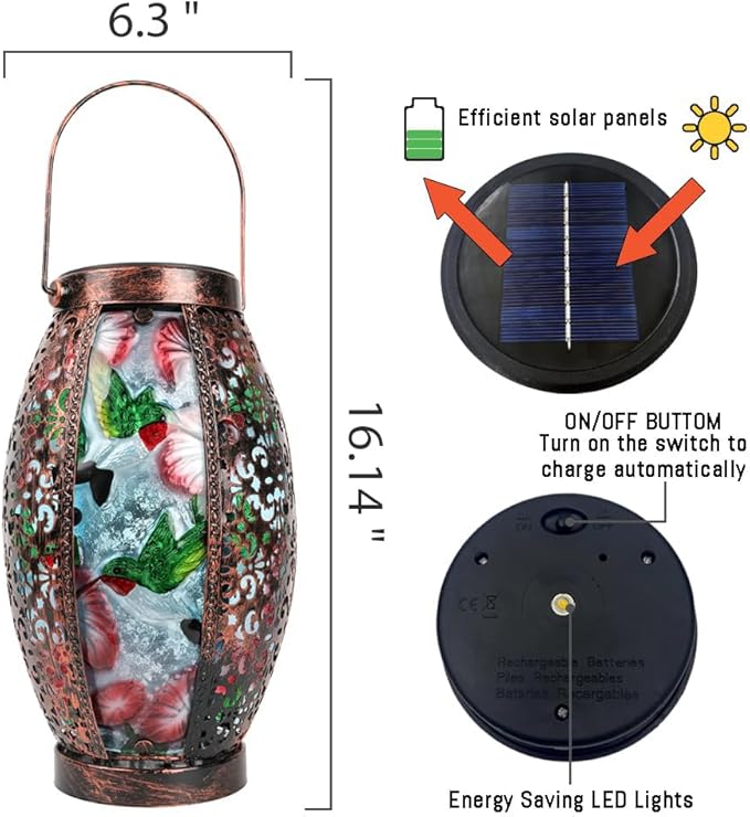 Hummingbird Solar Lanterns Glass & Metal Hanging Lantern Outdoor Waterproof 16" H Tabletop Light with Hollowed-Out Design for Garden Patio Table Decor Mother's Day Gift-VerdiqueGarden