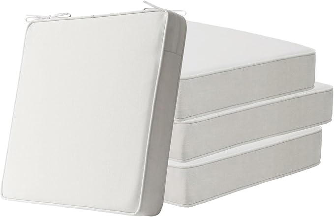 Square Corner Seat Cushions, 19" x 19" x 3", Set of 4, Indoor Outdoor Water Repellent Universal Chair Pads with Ties for Patio Furniture, Garden Deck Dining Chairs, Linen-VerdiqueGarden