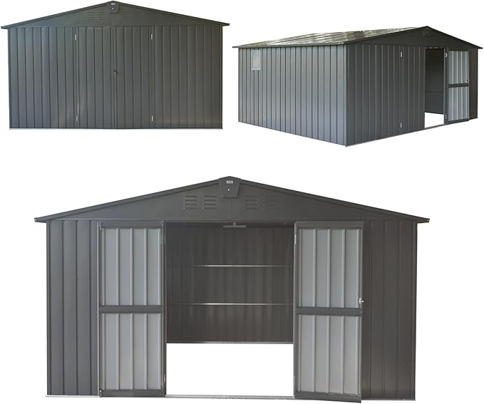 Domi Outdoor Storage Shed 11' x 12.5', Metal Sheds Steel Utility Tool Storage House with Double Lockable Doors & Air Vents for Patio Garden Lawn Backyard, Dark Gray-VerdiqueGarden