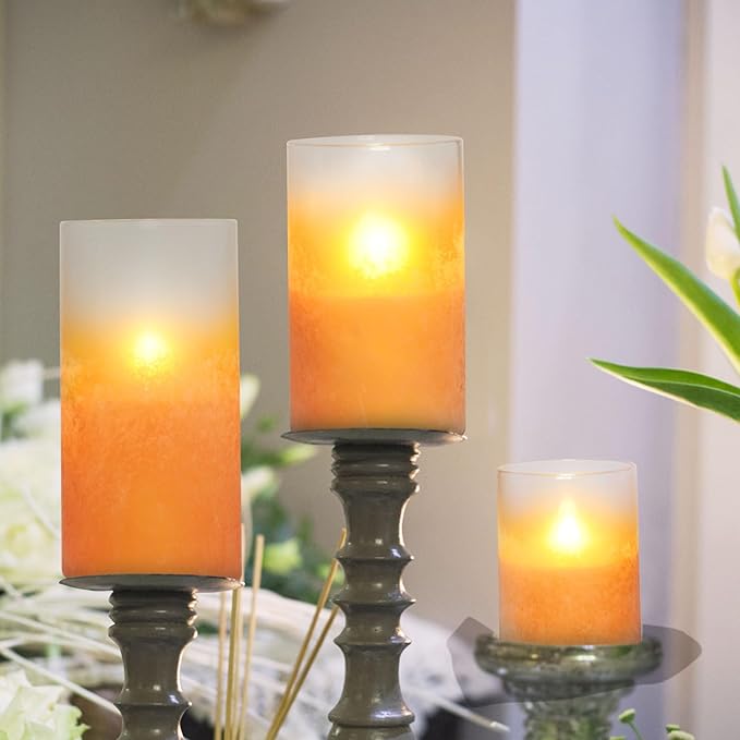 Orange Flameless Candles - Battery Operated Candles with Remote Orange Glass Sandblasted Design Wax Unscented - Centerpieces for Dinner Table Tray House Warming Thanksgiving Gifts-VerdiqueGarden