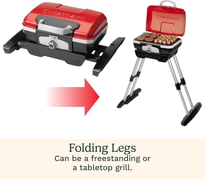 Cuisinart Petite Gourmet Portable Gas Grill with VersaStand, Compact Portable Grill Propane, 150 Sq. In. Cooking Surface, 5,500 BTU Burner Small Gas Grills for Camping, BBQ, Adjustable Base, Handles-VerdiqueGarden