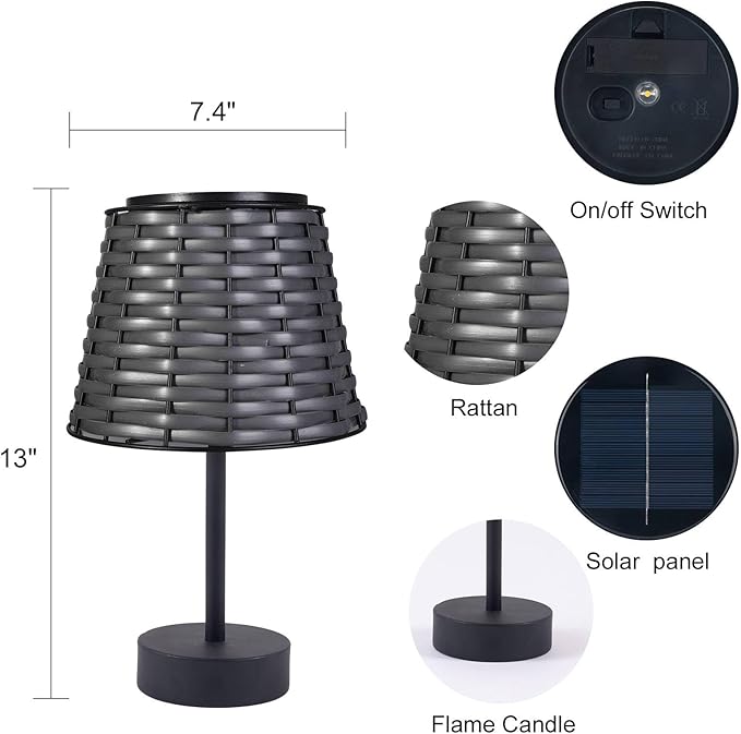 Solar Rattan Woven Desk Lamp, Outdoor Table Lamps for Patio, Garden, Bedroom, Living Room (Black)-VerdiqueGarden