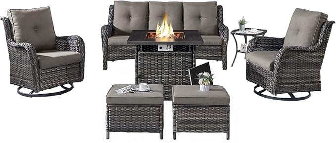 Outdoor Patio Furniture Set with Propane Fire Pit Table, 7 Pieces Wicker Patio Conversation Set with 2 Swivel Glider Rocker Chair Rattan Sofa Grey Cushion Perfect for Casual Gathering-VerdiqueGarden