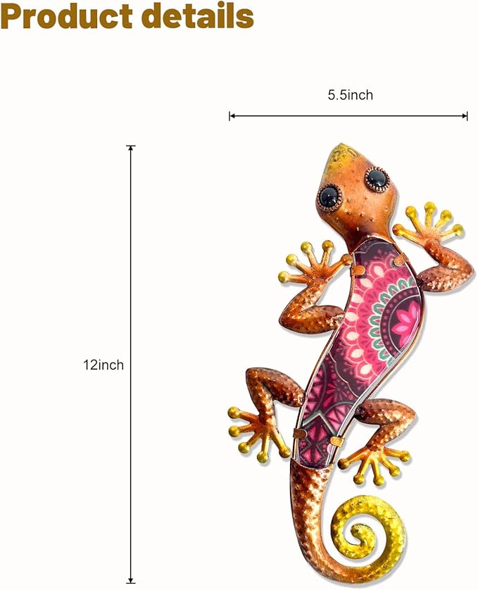 HONGLAND Metal Outdoor Wall Decor 2Pcs Gecko Wall Decoration Lizard Metal Hanging Wall Art Glass Sculpture for Garden Yard Patio Fence (Red)…-VerdiqueGarden