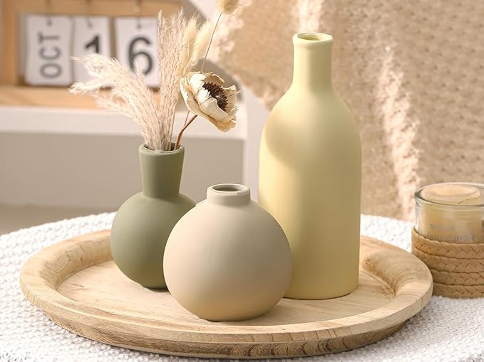 Vase Set of 3, Ceramic Vases Home Decor Flower Decorative Table Decor Vase Pottery Neutral Vases for Tray Table Mantel Living Room Kitchen Bedroom Bathroom Entryway -Light Color-VerdiqueGarden