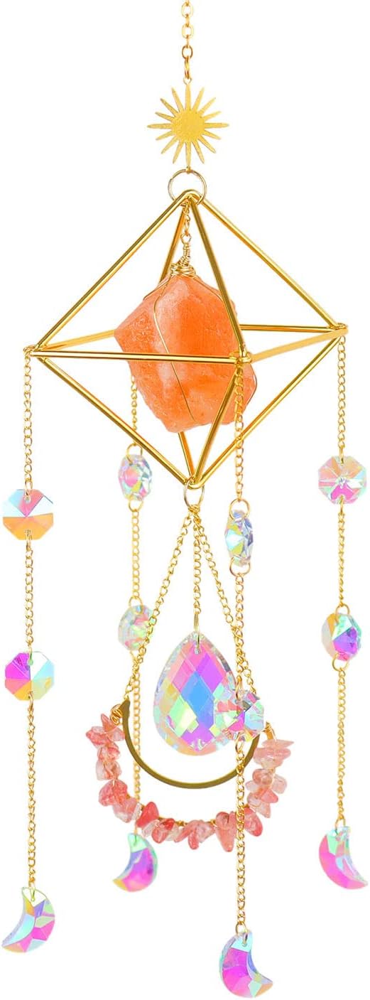 Orange Salt Crystal Suncatchers for Windows, Gemstone Sun Catcher Hanging, Unique Spiritual, Crystal Window Hanging, Boho Home Decor, Natural Stone (Orange Salt Stone)-VerdiqueGarden