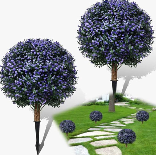 Set of 2 Artificial Boxwood Topiary Ball Trees Outdoor Faux Shrubs Artificial Boxwood Plants with Ground Spike, 24" Lavender Fake Evergreen Tree UV Resistant for Planter,Potted,Fall-VerdiqueGarden