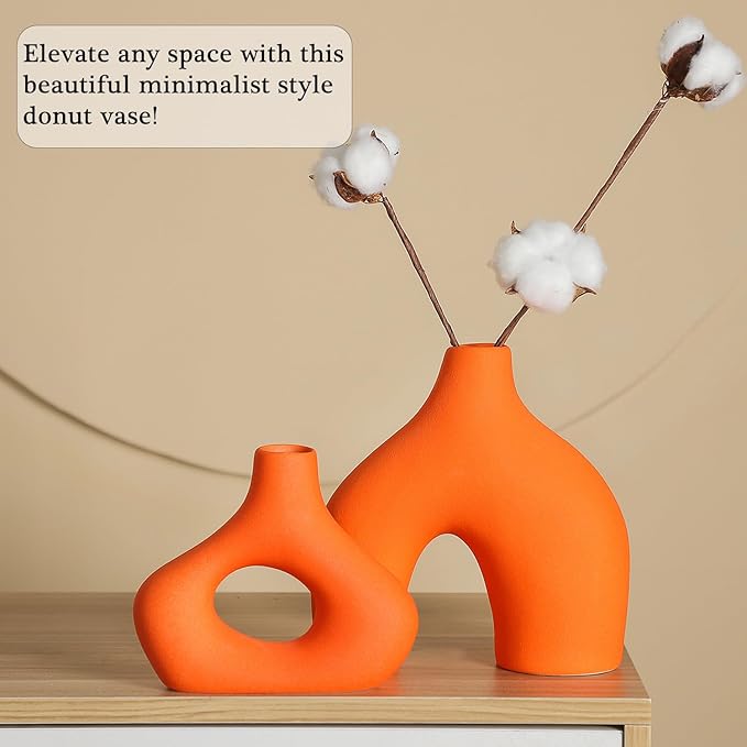 CEMABT Orange Ceramic Vase Set of 2 for Modern Minimalist Bohemian Decor，Round Matte Donut Vases for Pampas Grass-Perfect for Living Room, Dining Table, Office Bedroom Shelf Decor Entryway, Console-VerdiqueGarden
