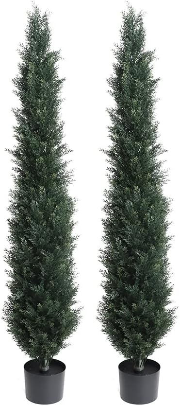 momoplant Artificial Topiary Cedar Tree Outdoor Uv Resistant, 5.5 Ft Faux Cypress Toparies Trees 67 Inch Fake Plant【2 Pack】 with Black Pot-VerdiqueGarden
