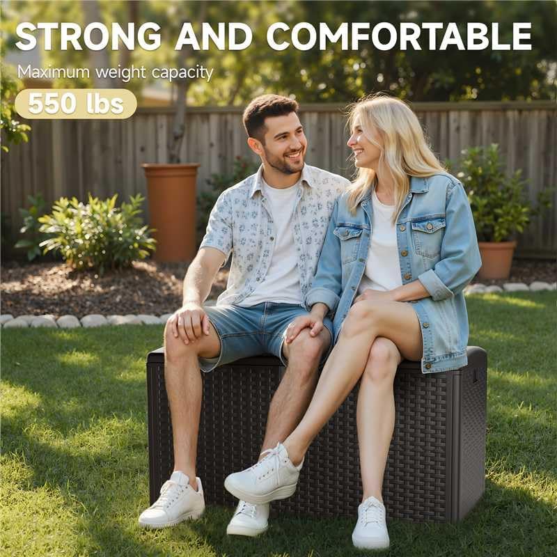 73 Gallon Deck Box, Double Layer Waterproof Resin Outdoor Indoor Storage Box, Lockable & UV Resistant Storage Bin for Patio Furniture, Garden Tools, Pool Accessories (Brown)-VerdiqueGarden