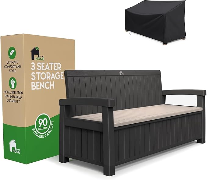 EconoHome 3 Seat Outdoor Storage Bench with Rain Cover - 90 Gallon Capacity - Weatherproof Resin Bench for Patio, Porch, Garden, Yard, Pool Area - Furniture for Pool Accessories, Gardening Tools-VerdiqueGarden