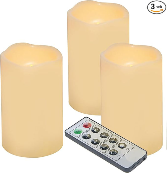 iZAN 3-Pack Outdoor Flameless LED Battery Operated Candles with Remote Waterproof Flickering Electric Pillar Candles for Halloween Chirstmas Home Wedding Party Festival Décor Long Battery Life 3”x5”-VerdiqueGarden