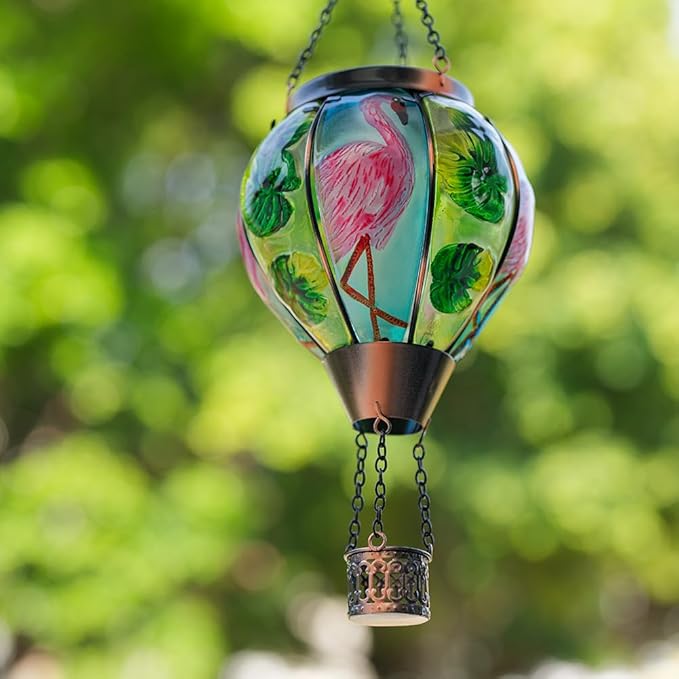 Starsoul Flamingo Hot Air Balloon Solar Lantern Solar Hot Air Balloon Flickering Flame Hanging Garden Light Metal & Glass Waterproof Lanterns for Yard Patio Farmhouse Decoration-VerdiqueGarden