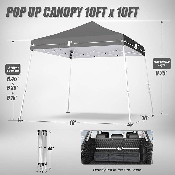 10x10 Pop Up Canopy, 300D Silver Coated Grey Fabric Outdoor Gazebo, Beach Tent Slant Legs with Storage Bag,Easy Up Sun Shade Shelter Tents with 8x8 Top Cover for Patio,Party-VerdiqueGarden