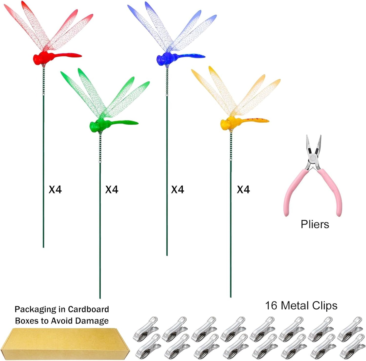 Jongdari 16 Sets Dragonfly Hat Clip Realistic Fake Dragonflies Clip-On Garden Outdoor Decor Stakes Plastic Dragon Fly Clips Plant Decorations for Pots, Includes Pliers & Clips - Small-VerdiqueGarden